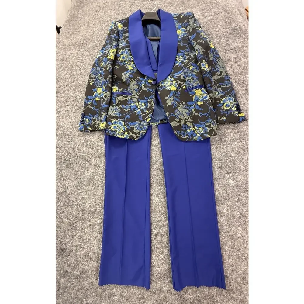 Pietro Scarlatti Mens Suit Tuxedo US 38 EU 48 Floral Blazer Vest Pants Blue T4